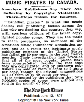 Music Pirates in Canada - New York Times, 13 Giugno 1897